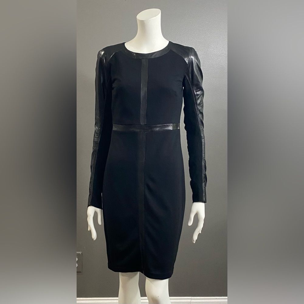 June Long Sleeve Black dress w/Distinctive genuine leather trim detailing Size S